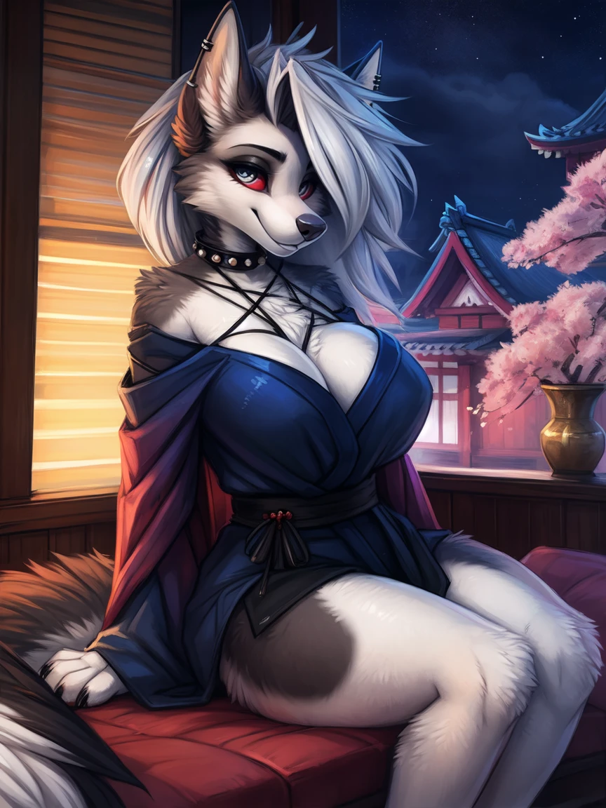 (photorealistic:1.4),best quality,realistic, masterpiece, an extremely delicate and beautiful, CG,extremely detailed ,highres, extremely detailed, 1girl, loona from helluva boss,beautiful detailed girl,full body, realistic,japanese clothes, beautiful detailed red eyes, light on face, cinematic lighting,