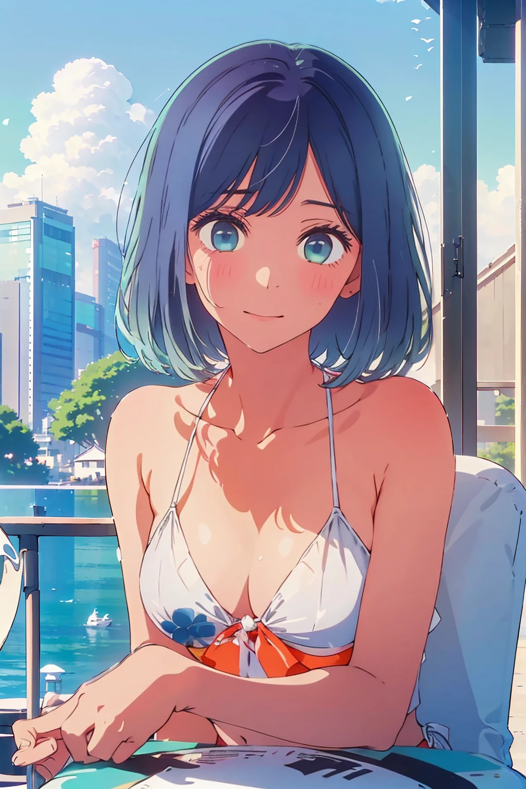(Highest quality:1.4、8K:1.4、detailed)、F cup bust、Big Breasts、Slim body、Very white beautiful skin、((((1 person、Surprised expression、sit、Chair、In the background are the urban buildings of Tokyo、looking at the camera、Outdoor café terrace、coastal、Navy hair color、juice、Shooting up close、table、Very cute face))))、(Using both hands, she undoes the top strings of her white bikini:1.5)、Very blue sky、A completely cloudless sky