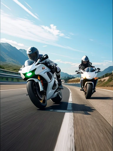 2girls,white racer replica motorcycles speeding down the highway:1.7, (motion blur:1.2),