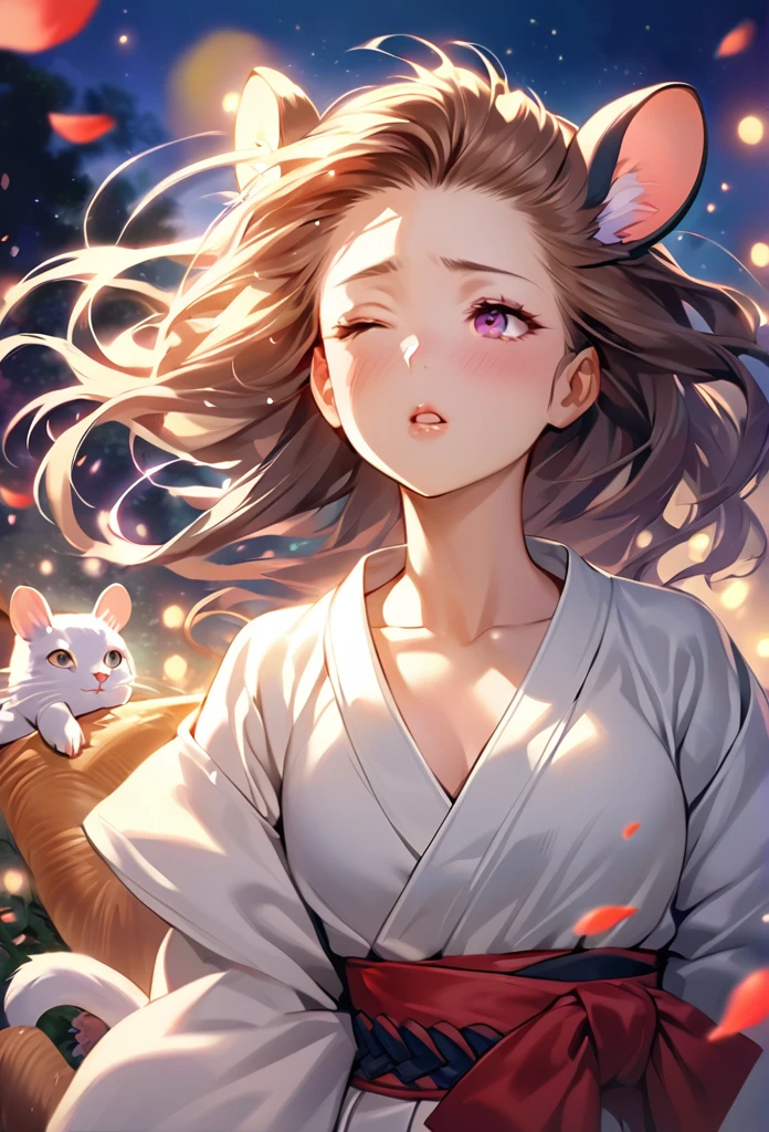 (Ito Shinsui style:1.2) , Hallucination, daydream , nightmare , Insane Dream , bokeh , erotica , romance , realistic mouse nymph and realistic cat , Women's hakama from the Meiji period , Petals fluttering down , Single eyelids, round nose, swollen cheeks , glossy lips , Collarbone , Hair blowing in the wind , Meiji period