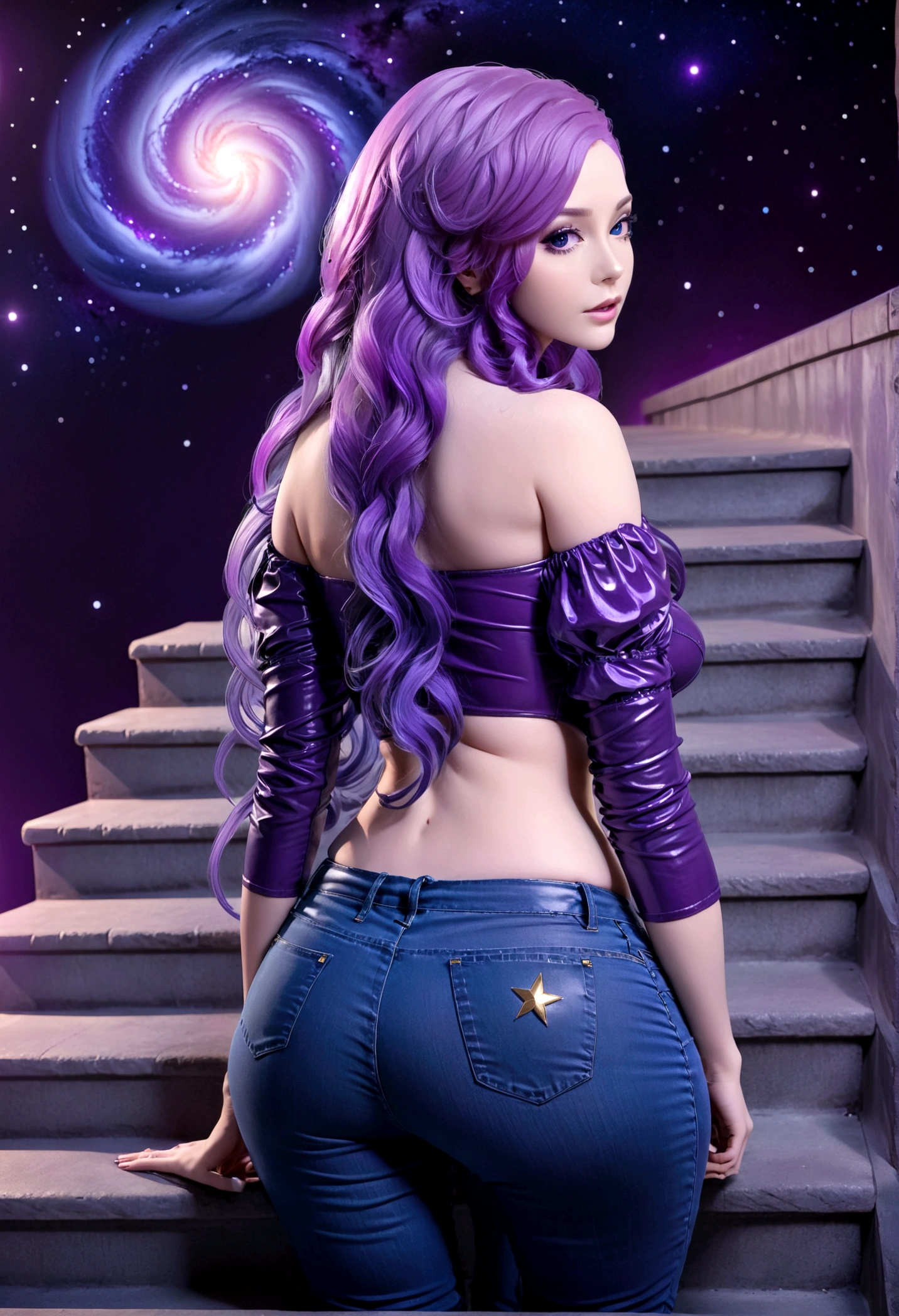 hdr, best image, 8k, image in dark neon blue and violet, A BEAUTIFUL WOMAN, seen from behind, beautiful latex blouse. jeans, LONG purple HAIR, Wide ramp of steps, of white ivory and gold, descending, TOWARDS THE INFINITY OF THE HEAVENS, stars of the cosmos, universe, clouds. giant mountain