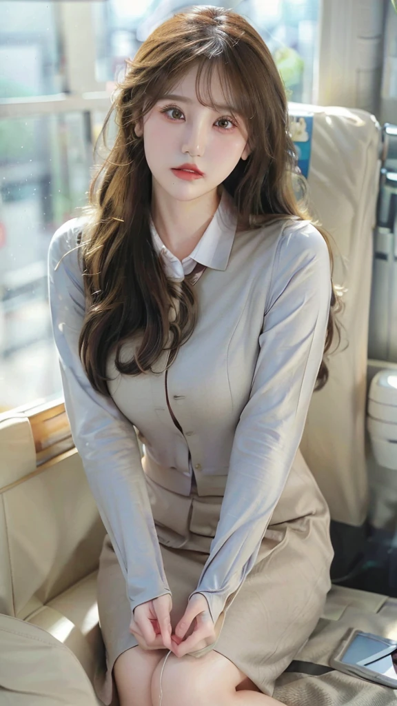 a beautiful detailed girl in a tight government employee uniform, large breasts, photorealistic, 8k, highly detailed, masterpiece, elegant, serene, beautiful eyes, beautiful lips, long eyelashes, dynamic pose, intricate details, ambient lighting, warm color tones, cinematic, digital art