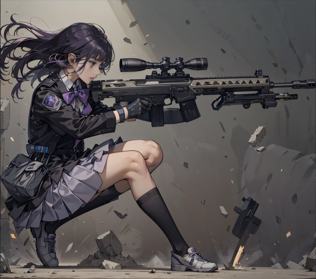 1girl, solo, short hair, skirt, shirt, gloves, white background, bow, holding, , purple eyes, white shirt, weapon, purple hair, pleated skirt, shoes, black gloves, socks, bowtie, holding weapon, gun, sneakers, holding gun, armband, rifle, grey skirt, headset, assault rifle, grey gloves, load bearing vest