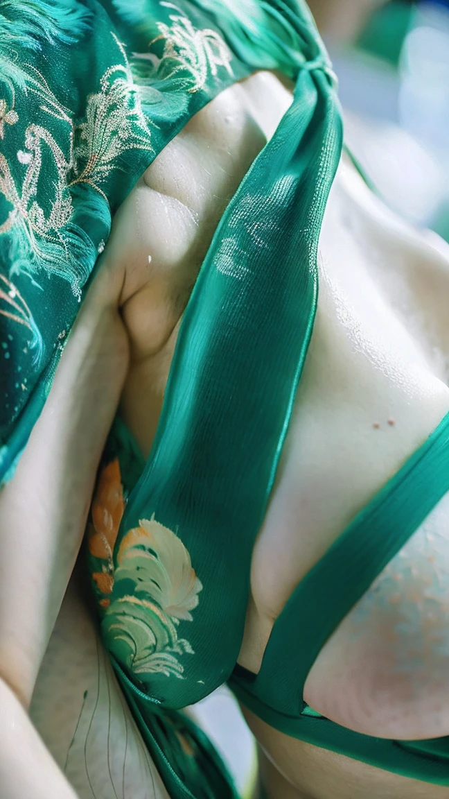 Detailed Body , Extra Detailed Face , Best Qualtiy:1.1 , Female , Huge Colossal Breast , ((Muscles:1.1)) , Looking At The Viewers , ((Detailed Micro Bikini)) , a Gorgeous , Medium Bob Hair , Ukiyo-e Kabuki Wallpaper On Background , (Centre:1.1) , Sleeveless, ((Green Hair))