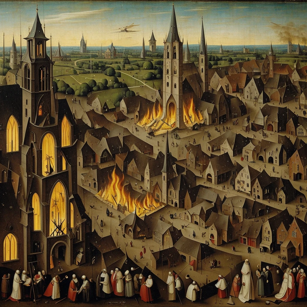 A painting of Hieronymus Bosch of a burning church