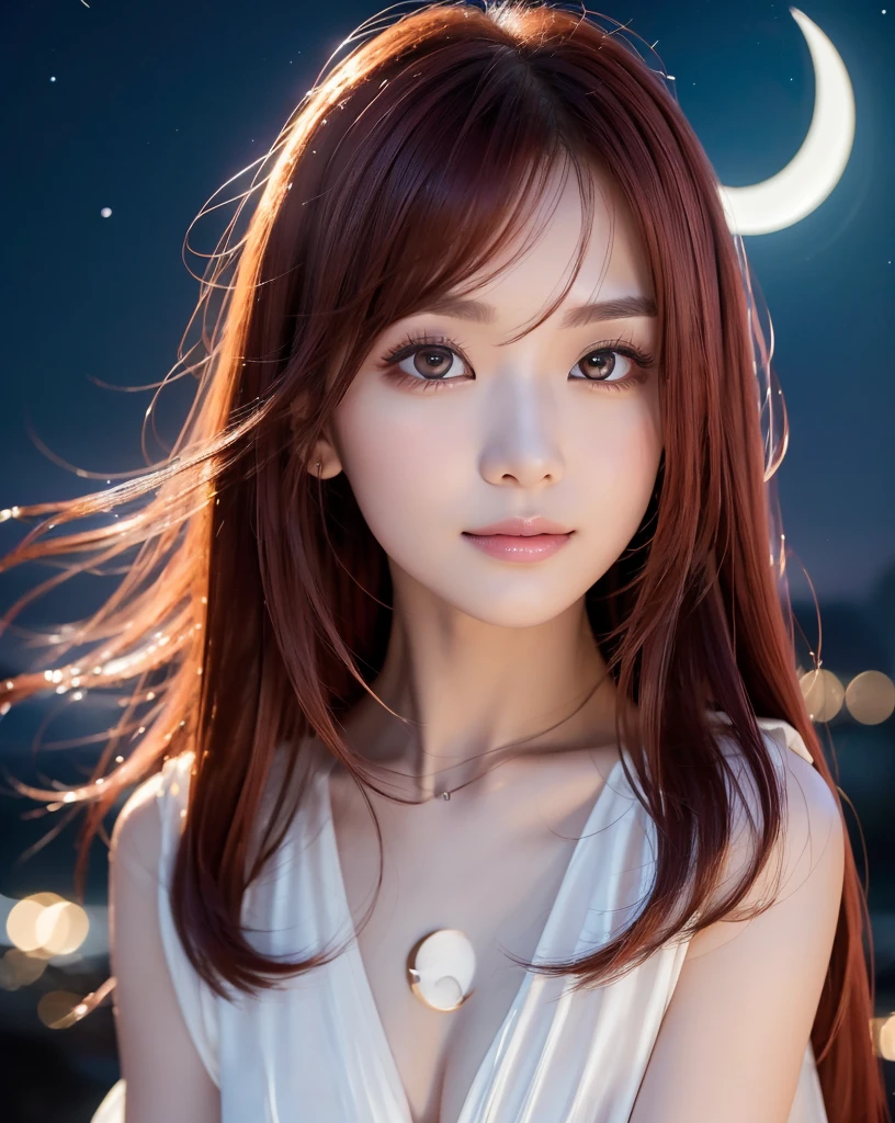 (Highest quality, 32k, High resolution, Masterpiece:1.5, ), marimo_jet, god々A photograph with brilliant dazzling and healing power., Evoking a sense of calm and elusive beauty, Expressing emotions, Have a rich imagination,Beautiful Japanese Girls, An exceptionally beautiful face, Small Face Beauty, Perfect Human Anatomy, Magical big eyes, Motherhood and generosity, Deep Love, A fleeting smile, ((shiny red hair:1.1)), ((Super Long Straight Silk Hair)), Asymmetrical bangs, Hair between the eyes, Transparent, soft white skin, Sharp eyebrows, Thin lashes, Natural Makeup, Cheek highlighter, Pale pink detailed lips, , ((White high-quality clothing:1.2)), ((Crescent moon night sky background:1.2)), Slim figure with ample breasts, ((Detailed night sky background:1.3)), moonlight, Professional Lighting, Professional photographer, Professional models, god秘的