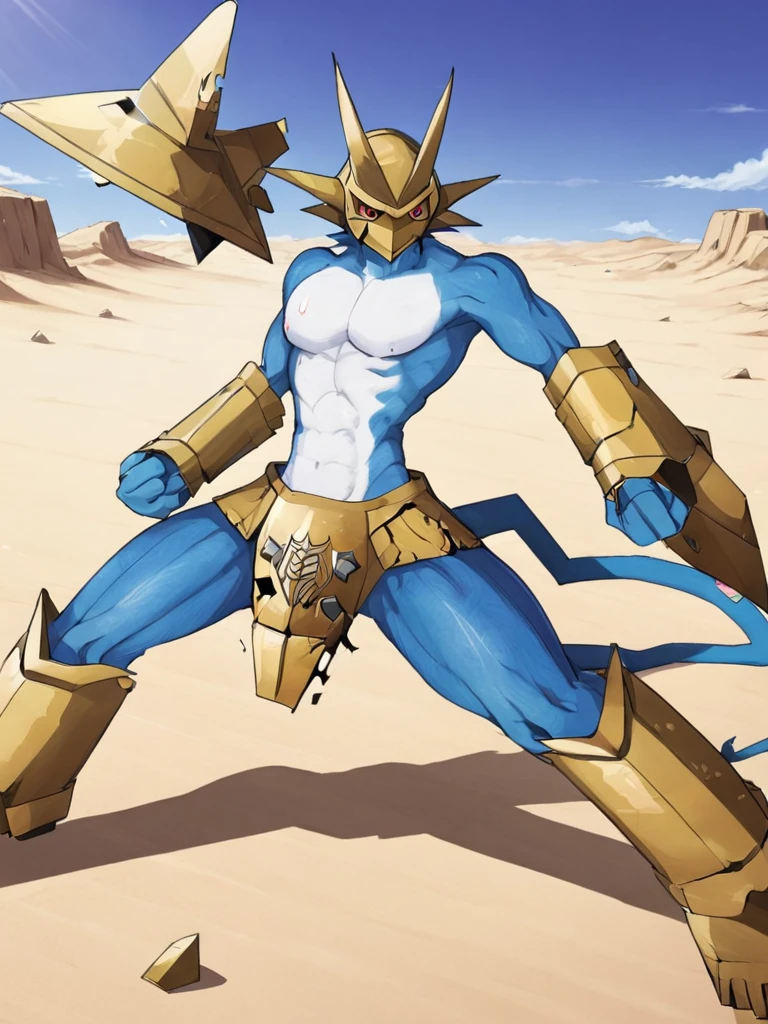 solo,angry Magnamon,tall, blue and white skin,(battle damaged:1.5),(topless Magnamon:2),(armor fragments:1.5),(shirtless:1.5), fighting_stance, in desert ,full_shot
