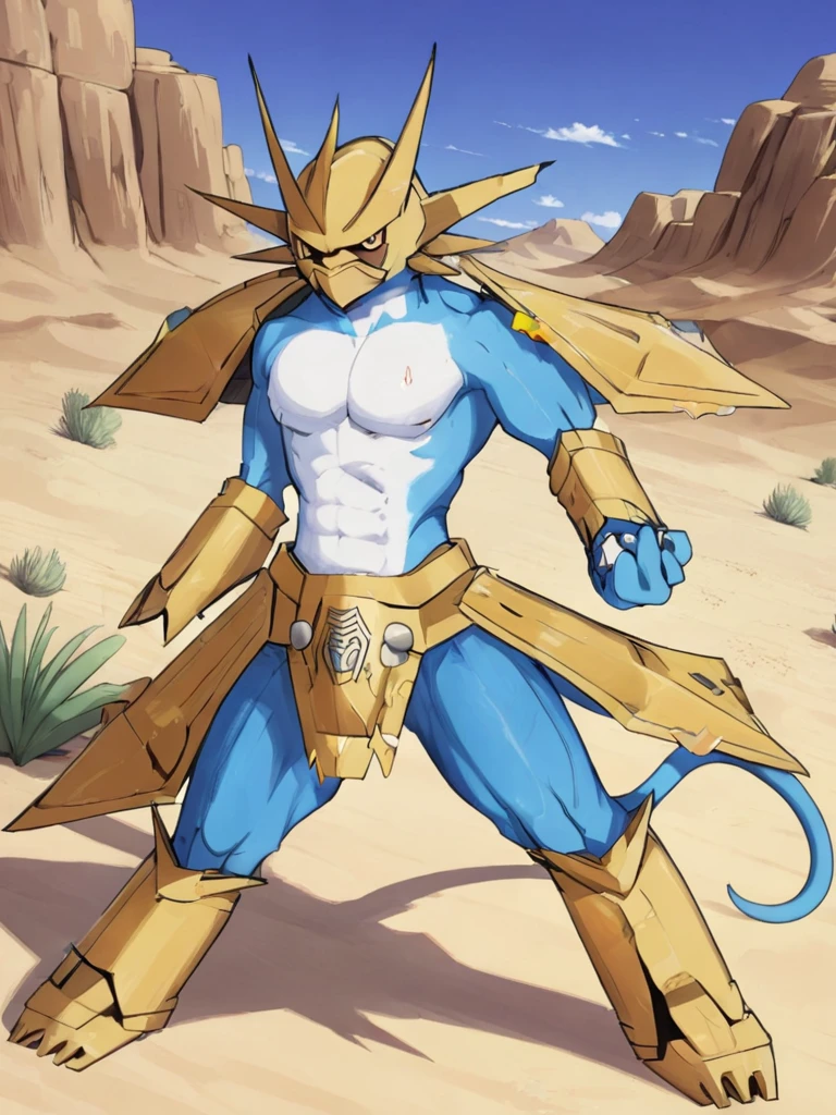 solo,angry Magnamon,tall, blue and white skin,(battle damaged:1.5),(topless Magnamon:2),(armor fragments:1.5),(shirtless:1.5), fighting_stance, in desert ,full_shot
