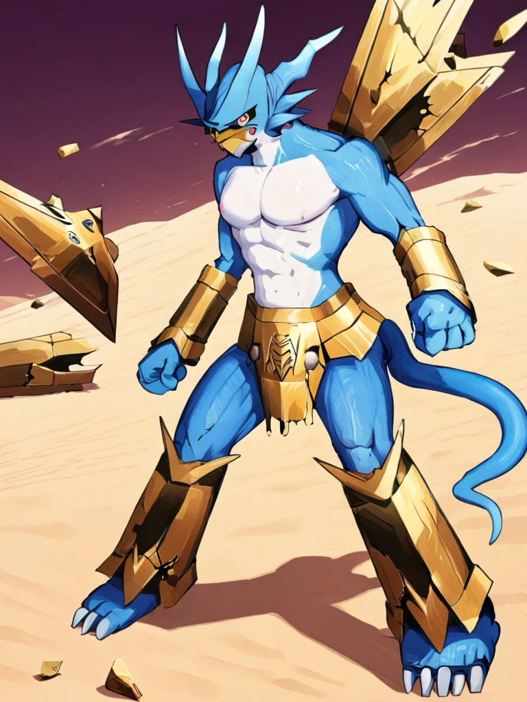 solo,angry Magnamon,tall, blue and white skin,(battle damaged:1.5),(topless Magnamon:2),(armor fragments:1.5),(shirtless:1.5), fighting_stance, in desert ,full_shot
