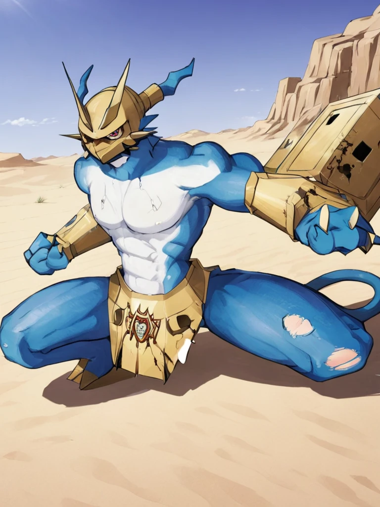 solo,angry Magnamon,tall, blue and white skin,(battle damaged:1.5),(topless Magnamon:2),(armor fragments:1.5),(shirtless:1.5), fighting_stance, in desert ,full_shot
