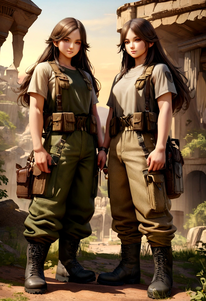 YOUNG ABSOLUTELY Identical BROTHER AND SISTER(twins)(identical girl faces, Same height, same age 22 years, identical very tousled dark brown tousled long hair, golden brown eyes, Long eyelashes), WATCHING THE SUNSET, 8 k, detailed matte painting, deep color, fantastic, complex part, book cover, Additional colors, Fantasy concept art, background Postapocalypse, Тенденции разрешения 8k на Artstation Unreal Engine 5", dressed in camouflage T-shirts, military-style camouflage pants with patch pockets and massive high infantry boots. many small environmental details, intricate details, high quality textures, high detail, realistic textures, realistic anatomy, beautiful faces, beautiful hands, Graceful fingers, velvety tanned skin.