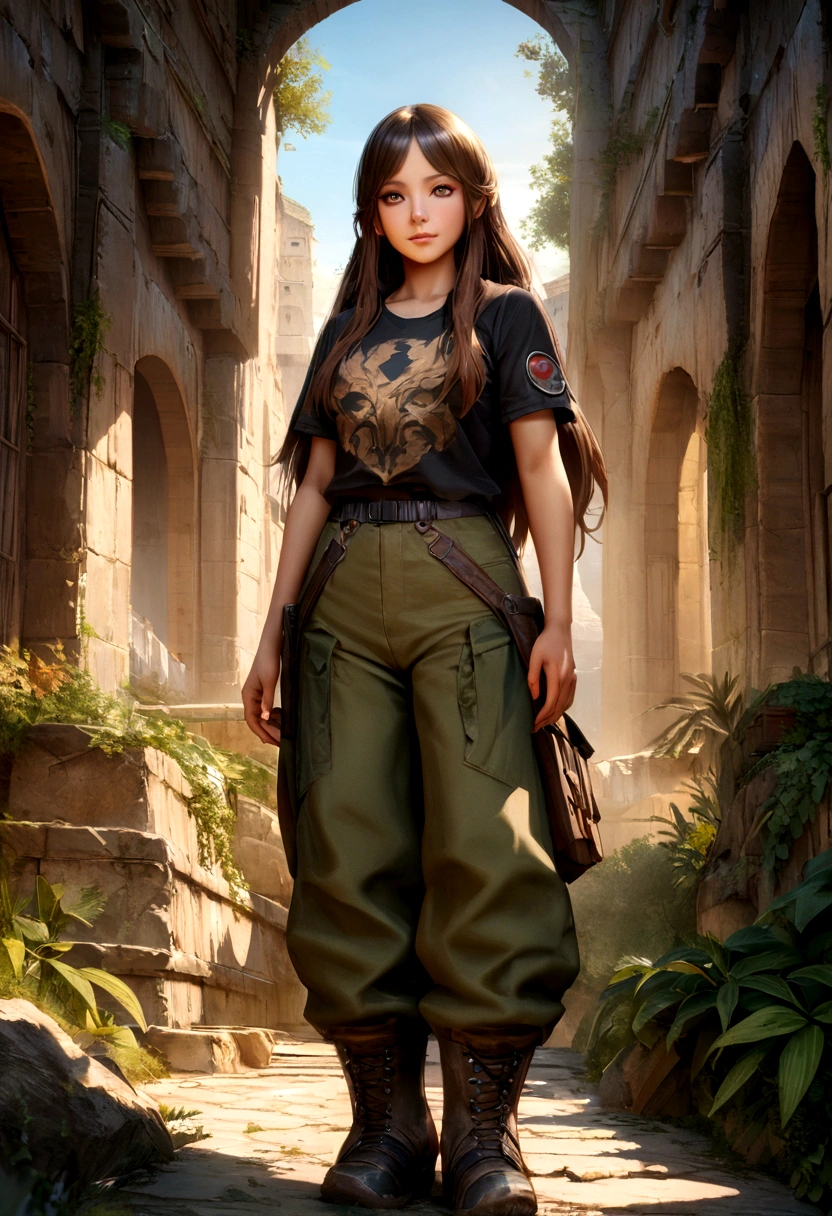 YOUNG ABSOLUTELY Identical BROTHER AND SISTER(twins)(identical girl faces, Same height, same age 22 years, identical very tousled dark brown tousled long hair, golden brown eyes, Long eyelashes), WATCHING THE SUNSET, 8 k, detailed matte painting, deep color, fantastic, complex part, book cover, Additional colors, Fantasy concept art, background Postapocalypse, Тенденции разрешения 8k на Artstation Unreal Engine 5", dressed in camouflage T-shirts, military-style camouflage pants with patch pockets and massive high infantry boots. many small environmental details, intricate details, high quality textures, high detail, realistic textures, realistic anatomy, beautiful faces, beautiful hands, Graceful fingers, velvety tanned skin.