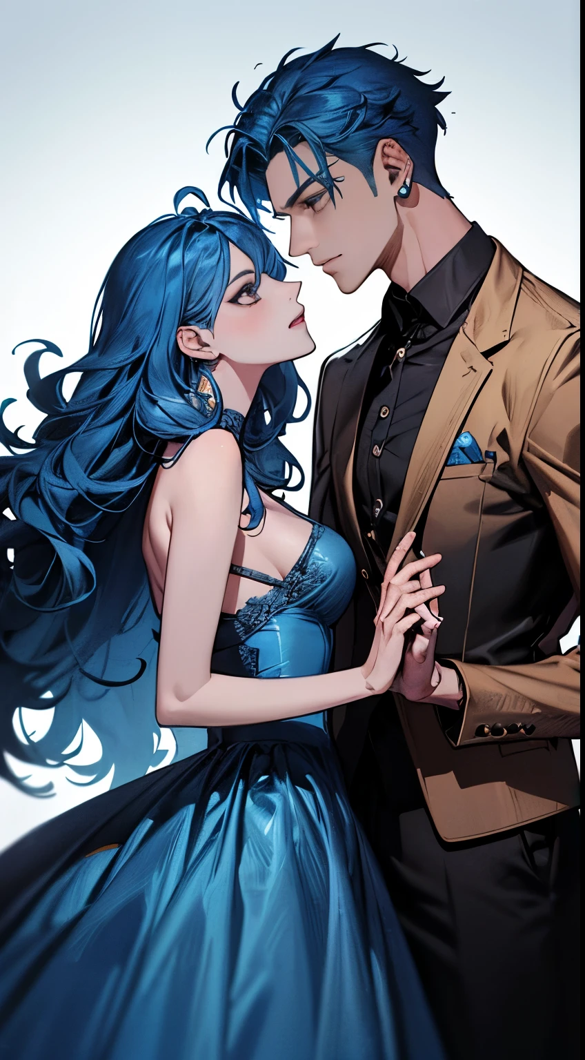 ke (((1male people:Piercing in the left ear,、((blue hair))、tall、tall、Tall、a handsome、refreshing、burly)))、(((1female:blue hair、Long、short、Best style、F-cup、See-through sexy dress、Beautuful Women)))、((((a couple))))、{(Best Quality, 8K, masutepiece, nffsw, Soft lighting, image perfect, Digital Illustration, manhwa art, super detailed image, Perfect lines, )}