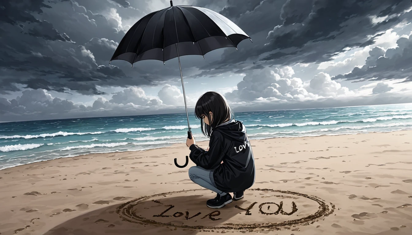 The sky was dark and cloudy, full of dark clouds. A girl is crouching on the playground, holding an umbrella in one hand and writing i love you in the sand with her other hand.