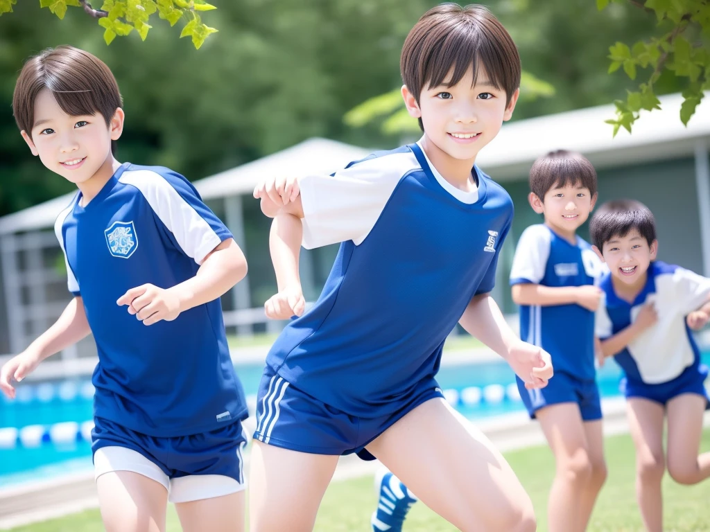 夏休みのprimary school校、Pool、primary school5Grade、Japan Boy、The water feels good、hot day、Two Boys、Youth Power、Short sleeve gym uniform、Blue shorts、physical education、barefoot,(Boy 1.4)、Boys only 、(10Age 1.4)