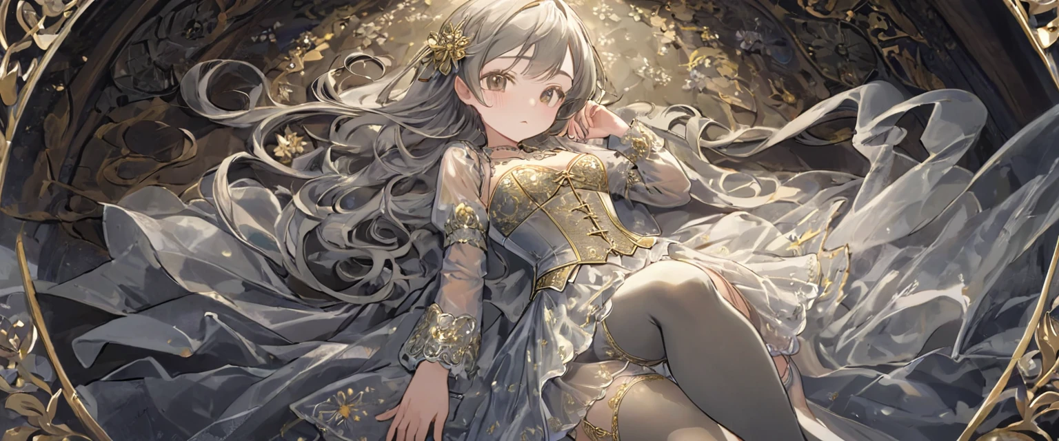 １people、8  medieval girl, In underwear、Gold and silver thread embroidery、Knee-length semi-transparent bloomers（Drawers）Wearing、Wearing a semi-transparent corset、Translucent slip, Grey translucent tights、sleep