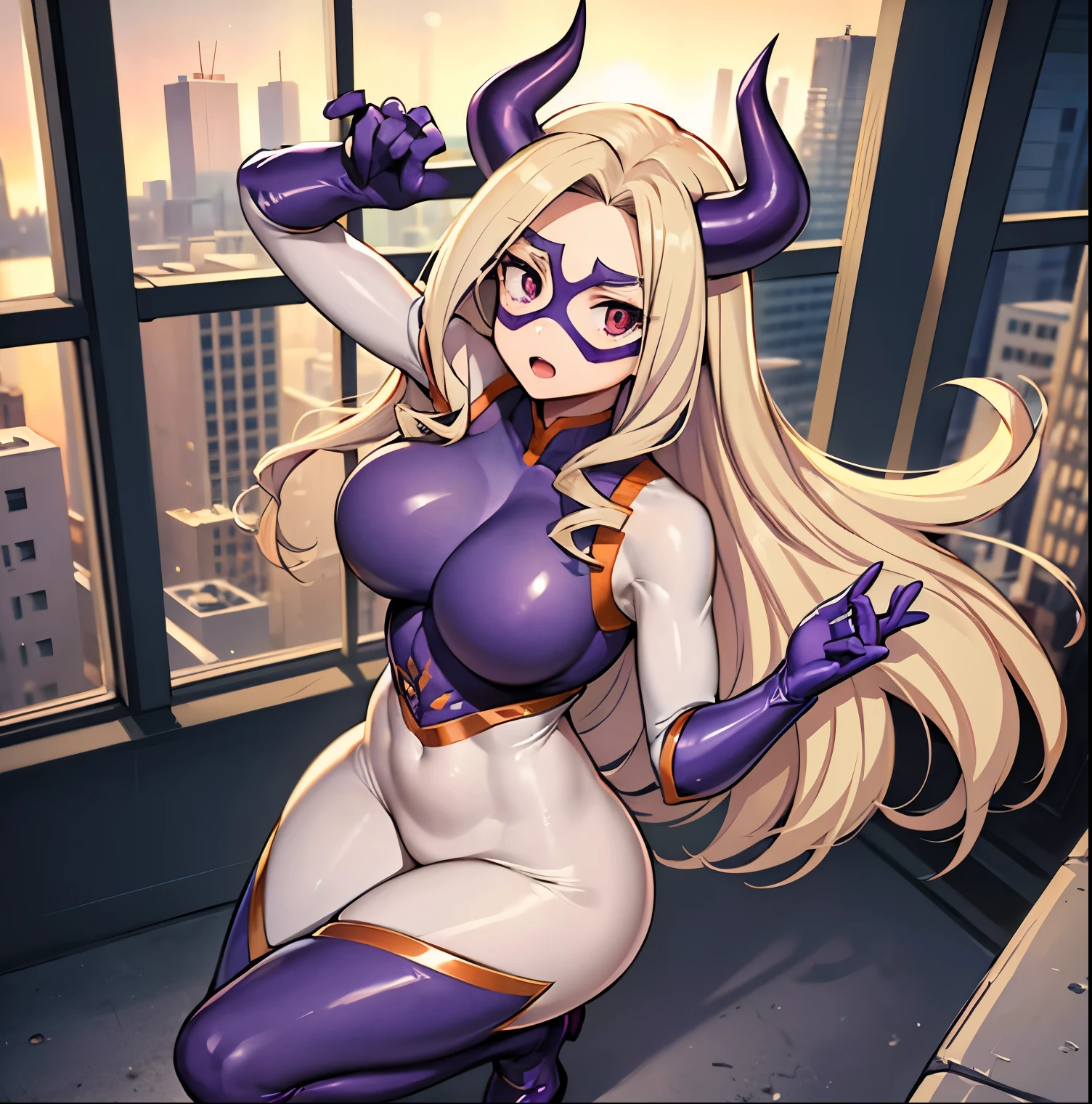 1 girl, alone, mount lady, masterpiece, ultra detailed, cowboy shot, good lighting, curvy body, dynamic pose, long hair, pierced hair, blonde hair, red eyes, (purple horns), big breasts, waist medium, wide hips, medium thighs, round butt, (domino mask), ((purple latex suit)), ((tight suit)), (black shoes) thighs, dutch angle, depth of field, eye focus, hair floating, floating, looking at viewer, fighting, serious, open mouth, night, night sky, room, hotel, window, city lights, ,head on,((focus on breasts)),pov(from above), perfect anatomy, perfect hands