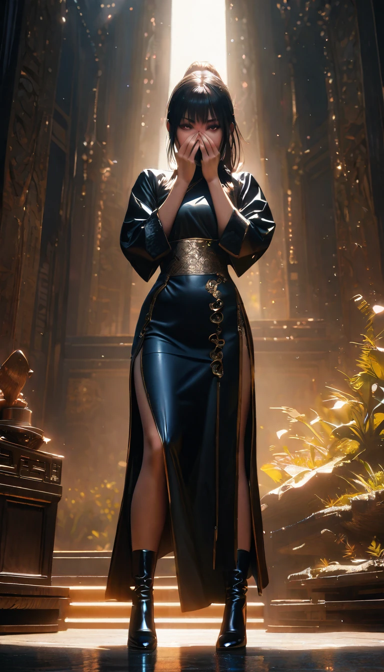 Full body shot, 1 young woman, detailed face, beautiful detailed eyes, beautiful detailed lips, extremely detailed eyes and face, long eyelashes, chinese triad member, black cheongsam with gold trim, holding sword close to face, hair in ponytail with strands over face, tinted sunglasses, elegant high heels, dramatic pose, masterpiece, photorealistic, high quality, ultra-detailed, extremely detailed, hyperrealistic, dramatic lighting, cinematic, 8k, HDR, physically-based rendering, vibrant colors