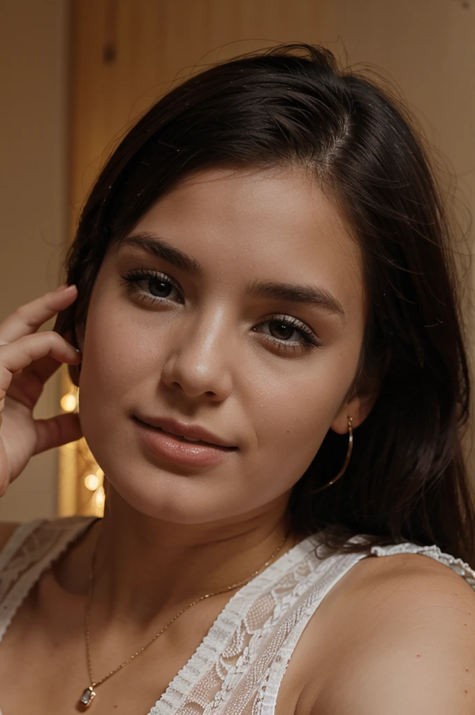 Portrait, oil painting, renaissance, Leonardo da Vinci, pink dress, makeup, model, brown skin, brunette, defined features, modern silver necklace,