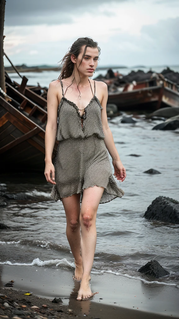 hyper realistic, reference sheet: 1.8, great details, high quality, masterful work, a beautiful girl walks along the surface of the water at dusk, gloomy atmosphere, wet dress, gloomy background, River, stones, Dry trees, girl in a wet dress, barefoot, оголённые legs, got lost, girl in search, in a torn dress, torn clothes, torn fabric, pieces of cloth, came ashore after a shipwreck, shipwrecks float in the distance, wounds and abrasions on the body, идет и limps, in search of accommodation and food, a seriously wounded girl in scraps of dress and torn fabric, holds the wet hem of her dress with one hand, wounded body, seriously wounded girl can barely walk, blood из раны, blood, Twilight, sunny goes beyond the horizon, it's getting dark , limps, low horizon, anatomy, legs, правильная anatomy ног, legs в воде, правильная anatomy, hands, Hands, анатомичные hands, fingers, правильные hands