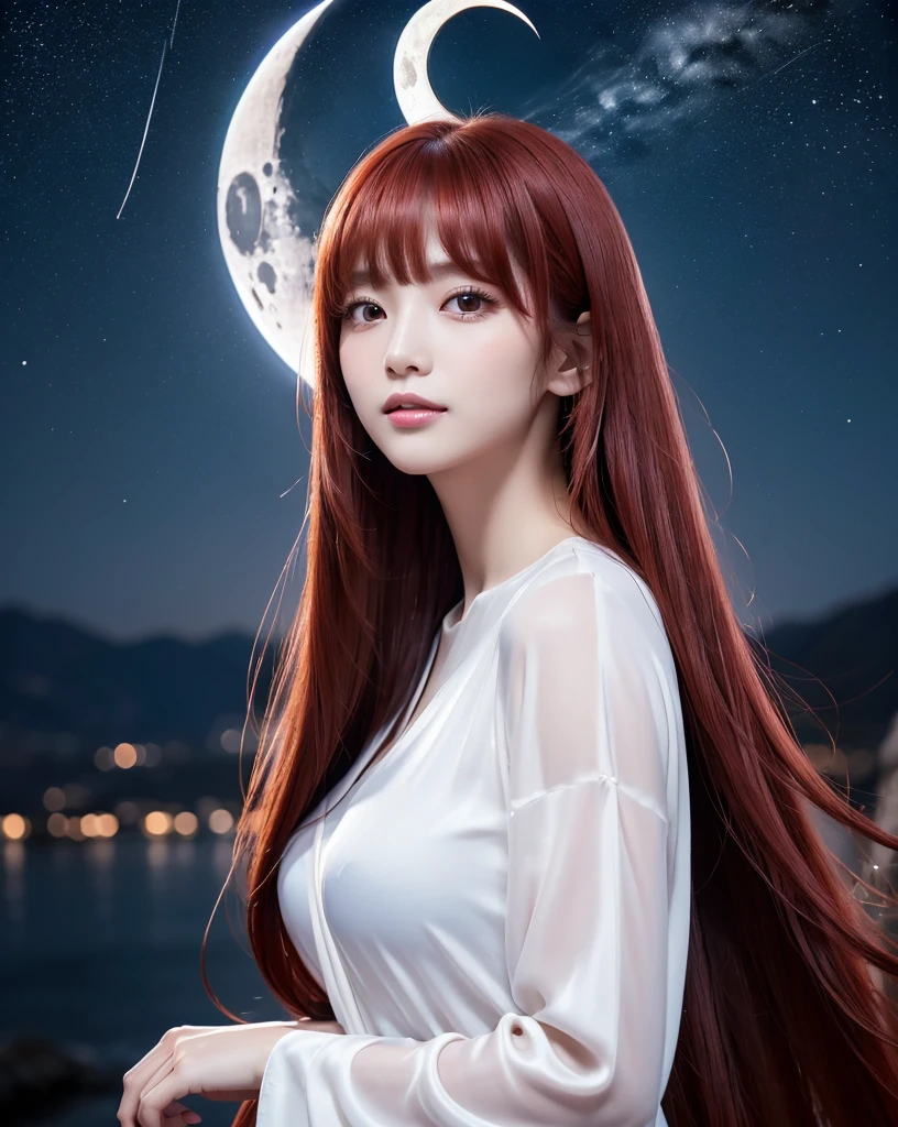 (Highest quality, 32k, High resolution, Masterpiece:1.5, ), marimo_jet, god々A photograph with brilliant dazzling and healing power., Evoking a sense of calm and elusive beauty, Expressing emotions, Have a rich imagination,Beautiful Japanese Girls, An exceptionally beautiful face, Small Face Beauty, Perfect Human Anatomy, Magical big eyes, Motherhood and generosity, Deep Love, A fleeting smile, ((shiny red hair:1.1)), ((Super Long Straight Silk Hair)), Asymmetrical bangs, Hair between the eyes, Transparent, soft white skin, Sharp eyebrows, Thin lashes, Natural Makeup, Cheek highlighter, Pale pink detailed lips, , ((White high-quality clothing:1.5)), ((Crescent moon night sky background:1.2)), Slim figure with ample breasts, ((Detailed night sky background:1.3)), moonlight, Professional Lighting, Professional photographer, Professional models, god秘的