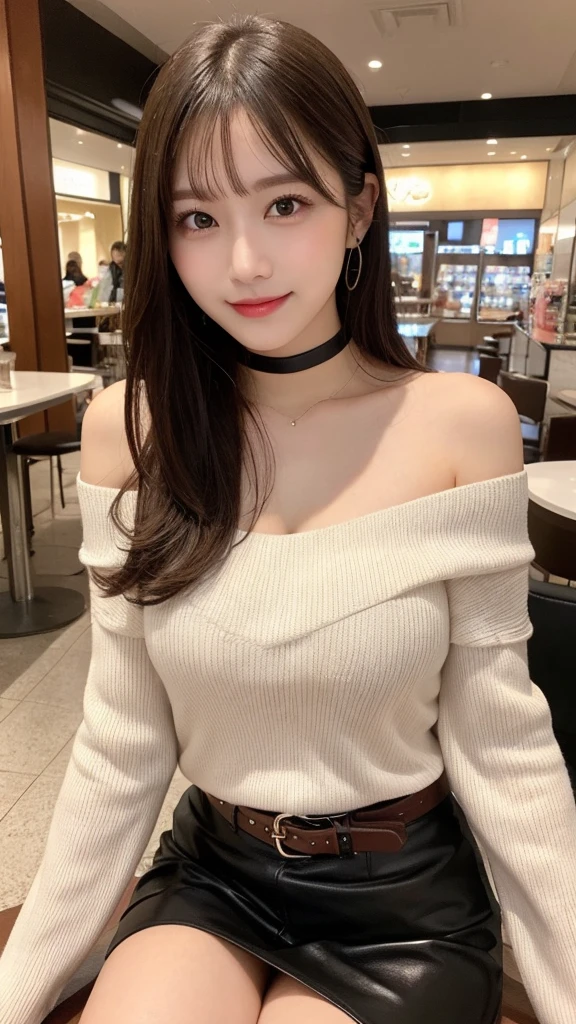 1 person、In detail, High resolution, Highest quality、Beautiful fine details, long hair, Natural color lip、Clear Skin、Shiny Hair、Tabletop, Super detailed, In detail, High resolution, 8K、Cute pose,Beautiful feet,Perfect beautiful face,KPOP idol faces,Ecstatic face、Cute face,leather skirt、Off-the-shoulder sweater、smile、Shopping mall、belt、Seduce、upper body、Show off your cleavage、choker