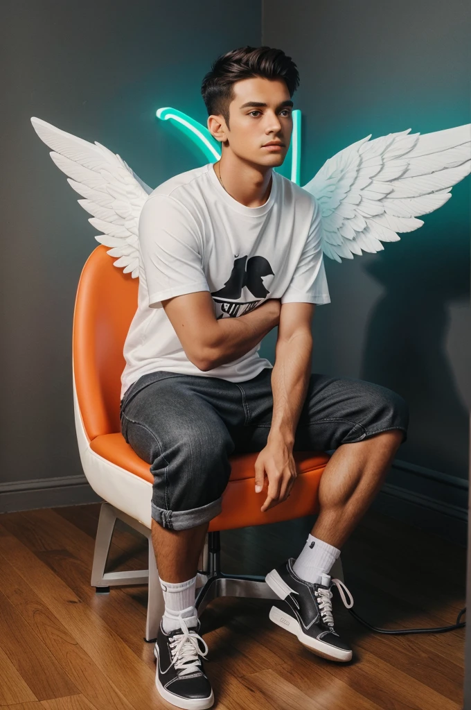 Create a 3D illusion for a profile picture where a 25 Year old cute boy in a white shirt Sitting casually on a Wingback chair. Wearing sneakers, he looks ahead. The background features “GURU” in big and capital Orange neon light fonts on the dark grey wall. There should not be his shadow, and there are wings to make it appear as if he is an angel.