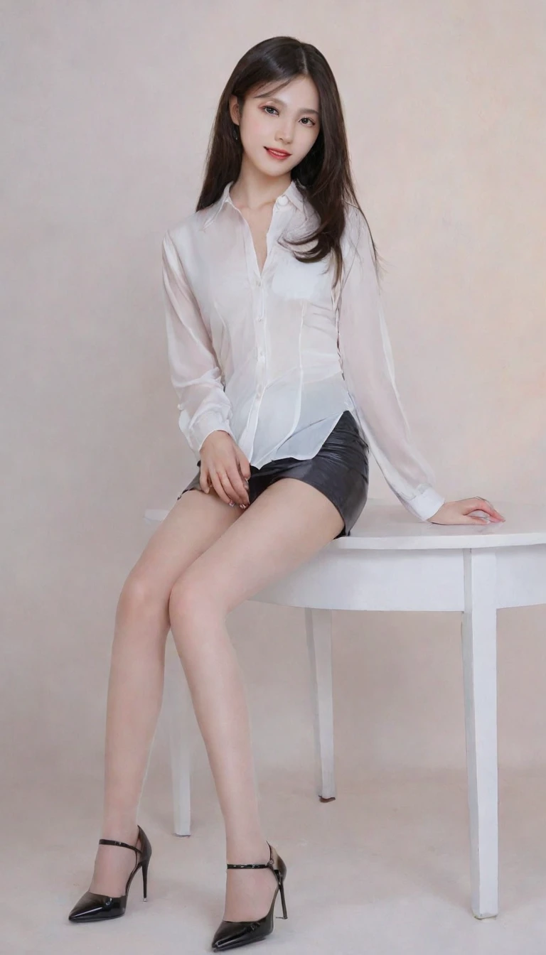 high resolution,masterpiece,best quality,Extremely detailed,photograph,1 Girl,Beautiful Secretary,Wearing professional attire,Round chest,Half Open White Translucent Button-Down Shirt,Eyes Focus,Long legs,Black Silk,High heel,Full body image,Realistic details,So-colored hair,sweet smile,delicate and white skin,Exquisite and perfect facial features,Detailed facial features,Elegant posture,Room,Beautiful lighting,Soft and graceful temperament,Facial lighting,Hyper-displayism,Realistic details,masterpiece,Brilliant Beauty,A peerless beauty,Full body shot,Full body image,8K resolution,