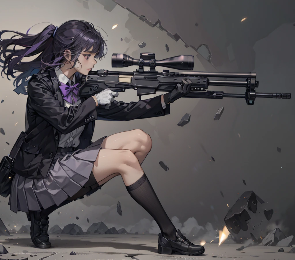 1girl, solo, short hair, skirt, shirt, gloves, white background, bow, holding, , purple eyes, white shirt, weapon, purple hair, pleated skirt, shoes, black gloves, socks, bowtie, holding weapon, gun, sneakers, holding gun, armband, rifle, grey skirt, headset, assault rifle, grey gloves, load bearing vest