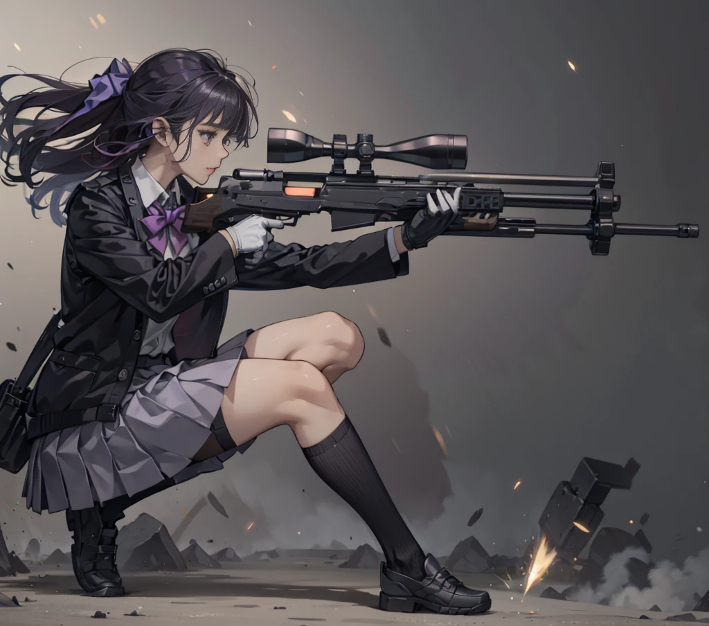 1girl, solo, short hair, skirt, shirt, gloves, white background, bow, holding, , purple eyes, white shirt, weapon, purple hair, pleated skirt, shoes, black gloves, socks, bowtie, holding weapon, gun, sneakers, holding gun, armband, rifle, grey skirt, headset, assault rifle, grey gloves, load bearing vest