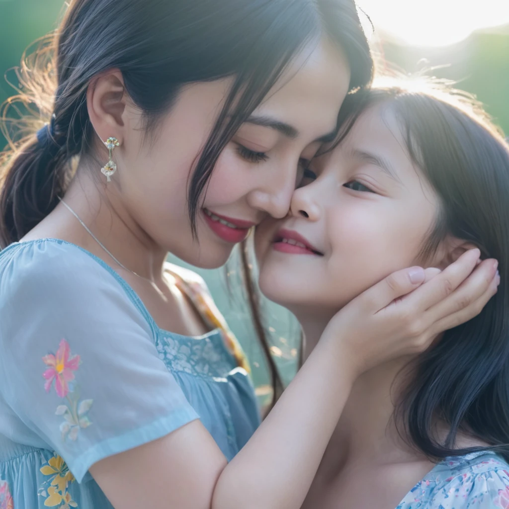 The image shows a mother and her young daughter in a loving moment. The mother has long, dark hair, is wearing earrings and her lips are pursed, as if she is pouting. The daughter, with light hair, is smiling widely with one of her eyes half-closed and is gently holding her mother's face with her hands. They are outdoors, with sunlight shining behind them, creating a soft glow. The daughter is wearing a light dress with colorful patterns. In the background, there is some vegetation, suggesting that they are in a park or garden.