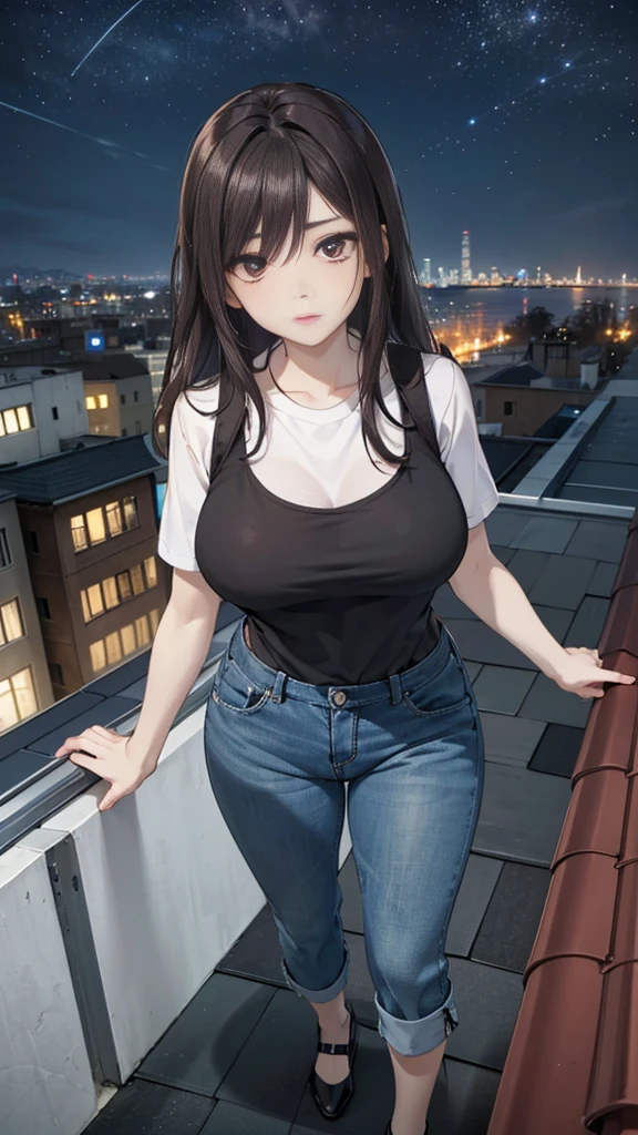 ((Midnight, Best quality, 8k, Masterpiece :1.3)), Whole body, Long legs, Sharp focus :1.2, A pretty woman with perfect figure :1.4, Slender abs :1.1, ((Dark brown hair, Big breasts :1.2)), (black tshirt, Jean bib, Standing:1.2), ((Night city view, Rooftop:1.3)), Highly detailed face and skin texture, Detailed eyes, Double eyelid