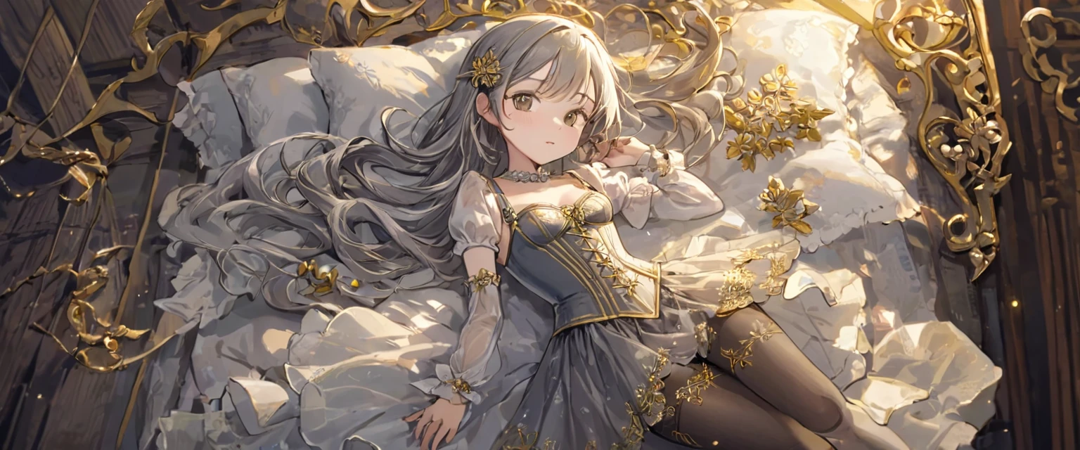 8 year old medieval girl, 1People in underwear、Gold and silver thread embroidery、Knee-length semi-transparent bloomers(Drawers)Wearing、Wearing a semi-transparent corset、Translucent slip, Grey translucent tights、sleep