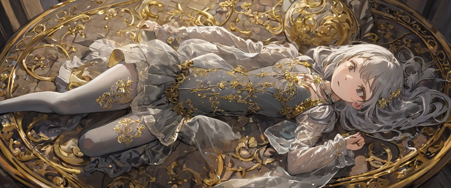 8 year old medieval girl, 1People in underwear、Gold and silver thread embroidery、Knee-length semi-transparent bloomers(Drawers)Wearing、Wearing a semi-transparent corset、Translucent slip, Grey translucent tights、sleep