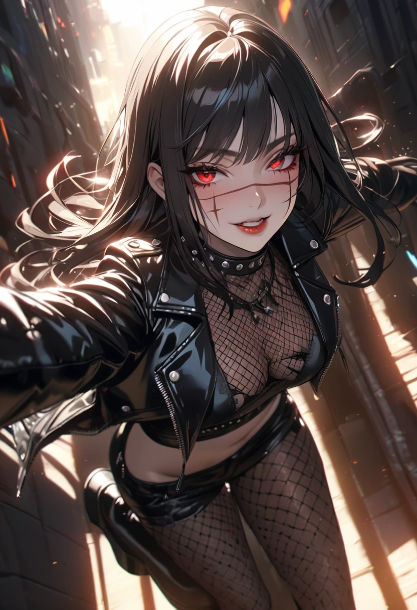 best quality, masterpiece, ultra-detailed, illustration, dynamic pose, 1girl, beautiful detailed eyes, beautiful detailed lips, extremely detailed eyes and face, long eyelashes, face scar, red eyes, black hair, looking at viewer, evil smile, heavy eyeliner, wearing a leather jacket, platform boots adorned with studded accessories, layered necklaces, bold patterns, torn fishnets, dramatic makeup, black nail polish, oversized rings, close-up shot, glossy lips, cinematic lighting, volumetric lighting, vibrant colors, ray tracing, intricate details, 8k, 4k resolution