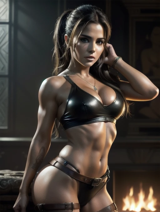 Ultra-realistic 8K, Highly detailed illustrations  , depicting Cheryl Cole as Lara Croft incredibly beautiful and seductive, exuding sexy appeal within a Mayan artifact scene. Ensures intricate leather details., HDR lighting, and ray tracing effects, strive to create a work of art reminiscent of the style of a renowned artist, seeking maximum visual appeal and realistic realism."