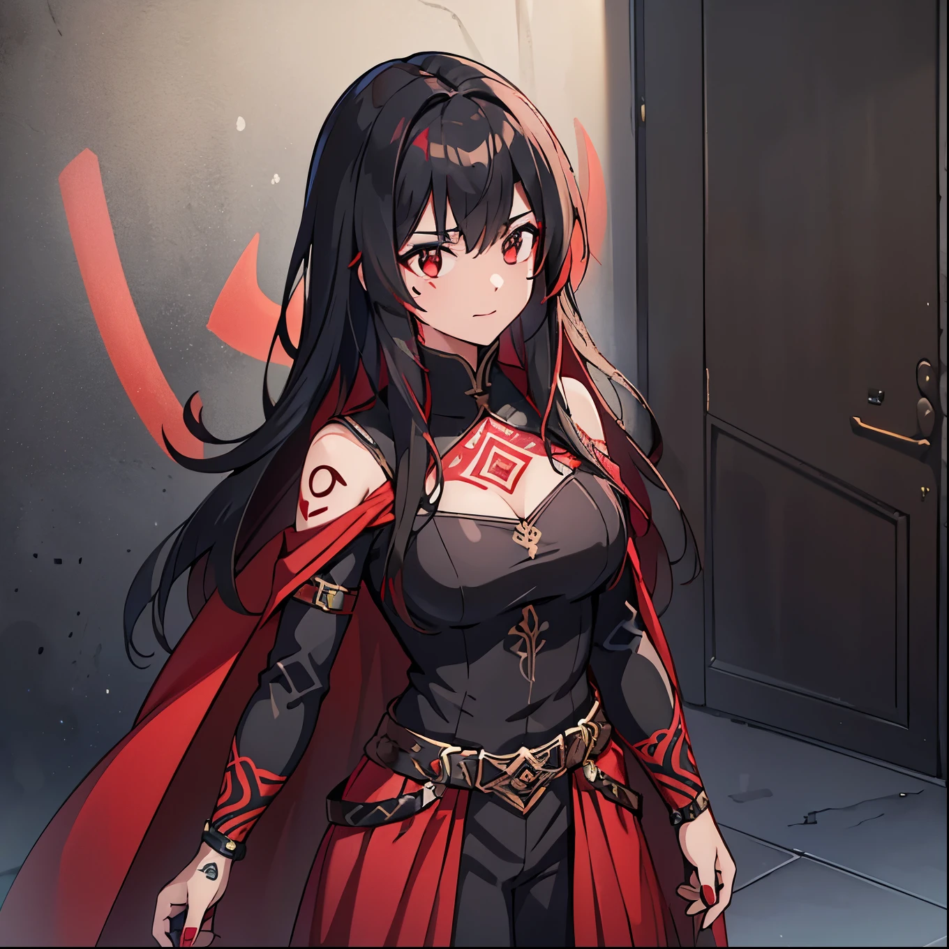high resolution, 4k, 8k, 1 female, (((RUNE TATTOOS))), multicolor black red hair, ombre red black hair, princess knight dress and pants with cape and armor, circlet diadem