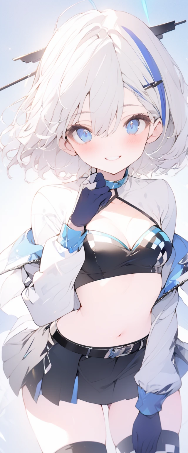 beautiful, masterpiece, Highest quality, anime, One girl, C Cup,Portrait Shot, View your viewers, Covered、Short Hair、nearby、Blue Eyes、art、、White hair,Blue streaked hair、wallpaper、hairpin、Cute smile、Thighs、navel、Black and White_Open race queen、Blue-black_Gloves、Blue-black_Knee-high boots、、Cute、Blue-black_Short skirt、circuit、blue sky、Blue-black_mini skirt、Blue-black_Very short skirt、belt、fastener、Long sleeve