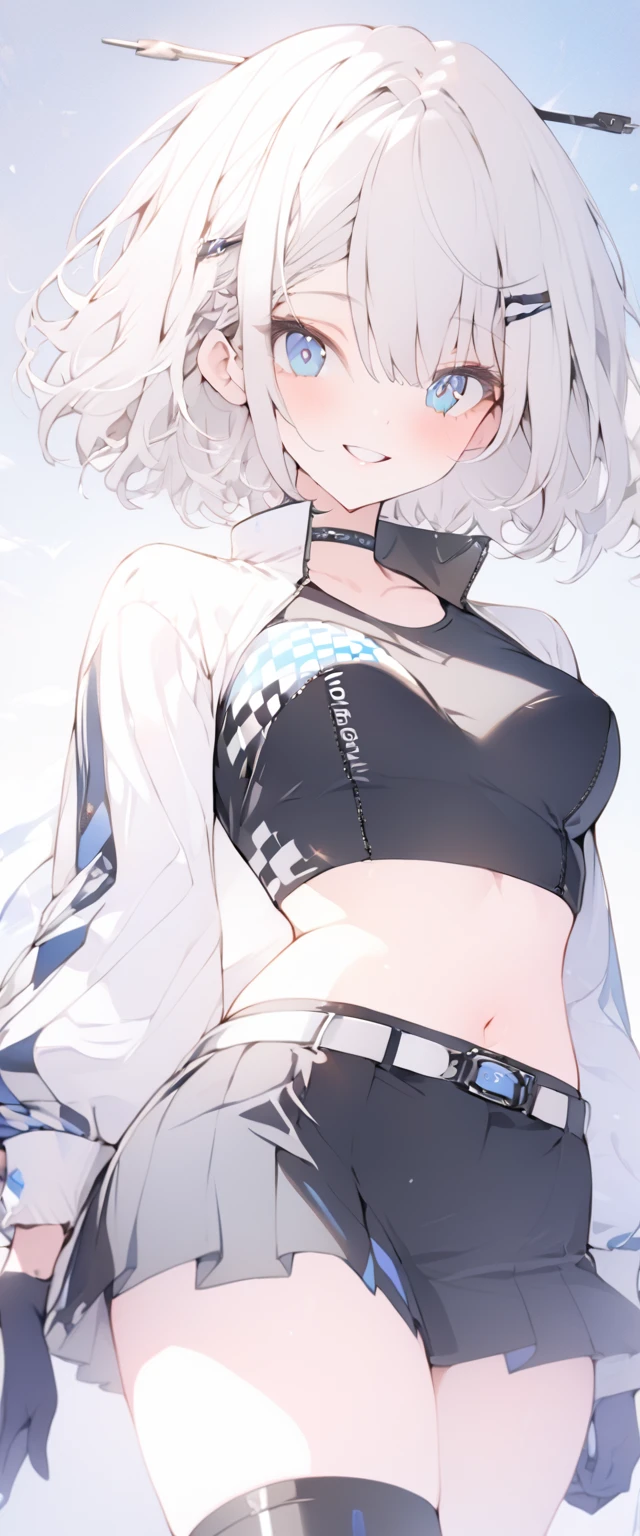 beautiful, masterpiece, Highest quality, anime, One girl, C Cup,Portrait Shot, View your viewers, Covered、Short Hair、nearby、Blue Eyes、art、、White hair,Blue streaked hair、wallpaper、hairpin、Cute smile、Thighs、navel、Floating sci-fi hair accessories、Sci-fi knee-high boots、Cute、Sci-fi underskirt、Sci-fi combat uniform、blue sky、Leather material、body paint、Beautiful breasts、