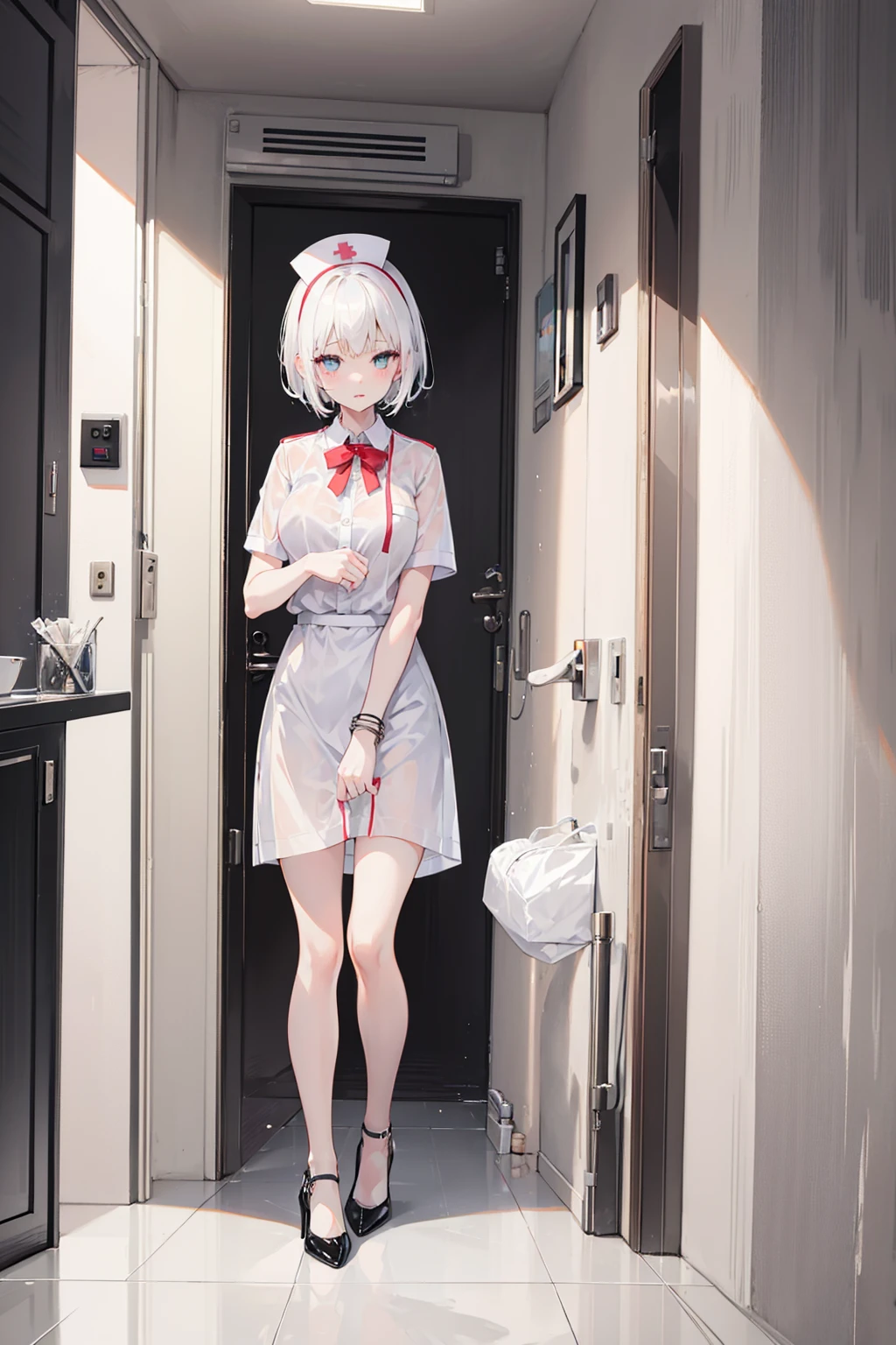 1 girl, white short hair, white shirt and skirt nurse, cat hair style, wet, rainy, in a hotel, Perlica, shouting, white underwear, cum, cat hair, black heels, medium, wearing black bangle,