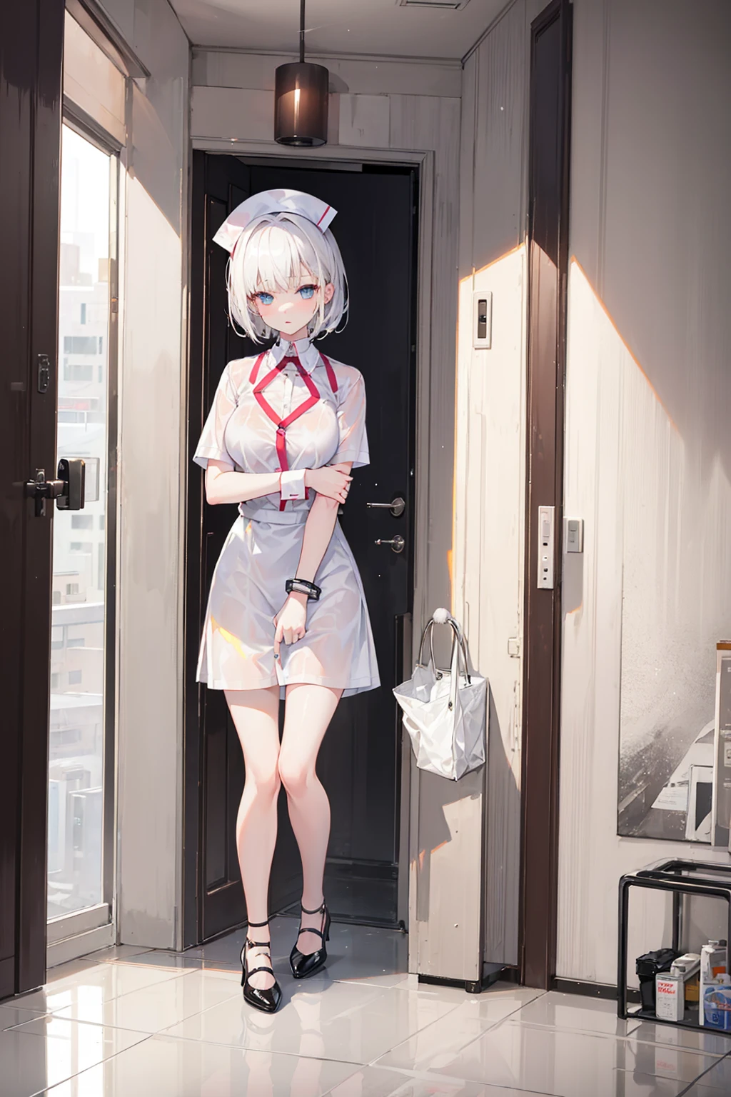 1 girl, white short hair, white shirt and skirt nurse, cat hair style, wet, rainy, in a hotel, Perlica, shouting, white underwear, cum, cat hair, black heels, medium, wearing black bangle,