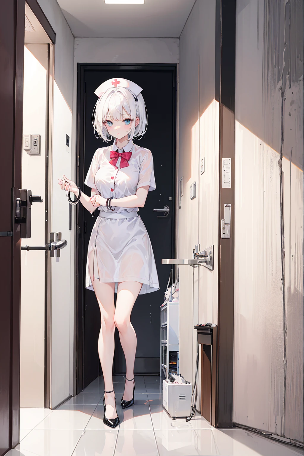 1 girl, white short hair, white shirt and skirt nurse, cat hair style, wet, rainy, in a hotel, Perlica, shouting, white underwear, cum, cat hair, black heels, medium, wearing black bangle,