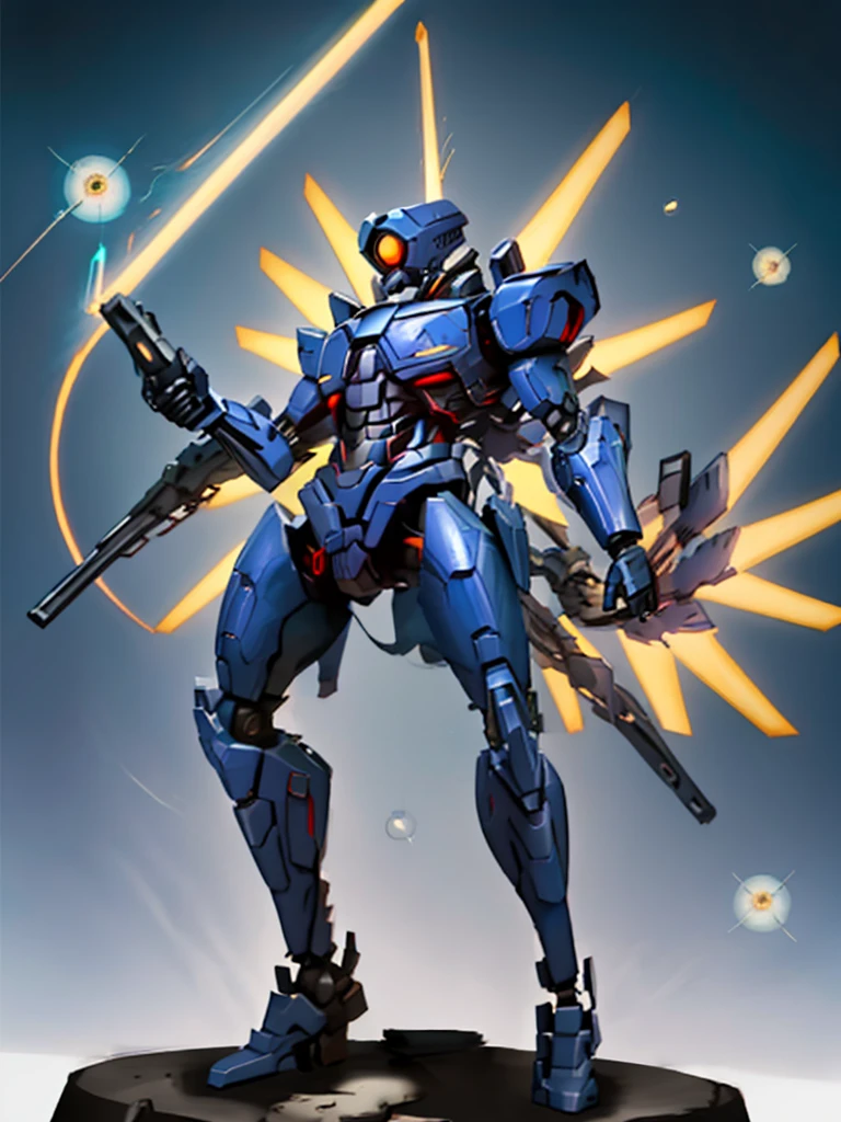 V1, blue robot, detailed, sliding, holding revolver, coin in air, gunshot, ricochet using coin, hell, solo, slim, aggressive