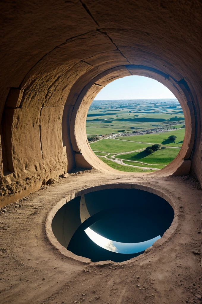 Generate an image for me of a view from inside a hole in the ground, in comic style