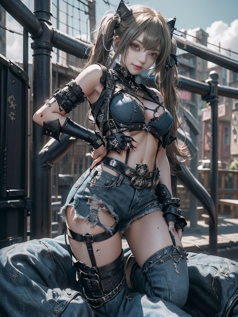 (Full body:1.5)、(Full body:1.2)、(Smiling with teeth showing:1.3),(Shibuya Gal:1.5)、(Neo-goth style fashion:1.5)、(Punk RockVisual Kei:1.4)、(Medieval noble gimp in denim, silver and black:1.5)、(Denim medieval light blue arm covers and garter shorts:1.5)、(Denim high heels:1.3)、(Wearing silver accessories:1.5)、(Denim collar:1.4)、(Black Leather Garter Belt:1.4)、(Brown Skin Belt:1.3)、(Black lace underwear:1.5)、20-year-old、NSFW、((Highest quality、In 8K、masterpiece:1.3))、Sharp focus:1.2、(Layered Cut、Huge boobs:1.1),Beautiful woman with perfect figure:1.4、(Dancing vigorously:1.3)、Slender Abs:1.2、Highly detailed face and skin texture、Detailed eyes、double eyelid,(Twin tails:1.3)、(Brown-golden hair:1.3)、Gravure idol、(The Caribbean cityscape in the background:1.3)、(Slim body:1.3),(Make your legs thinner:1.4),（clavicle:1.1）