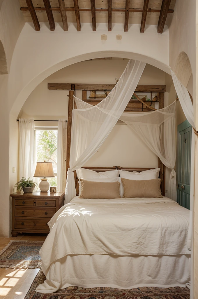 Mediterranean bedroom, cozy, warm ambiance, white stucco walls, wooden beams, terracotta tiles, wrought iron bed, white linens, colorful throw pillows, rustic wooden dresser, ceramic lamps, arched windows, sheer curtains, hand-painted tiles, Mediterranean artwork, woven rug, potted olive tree.
