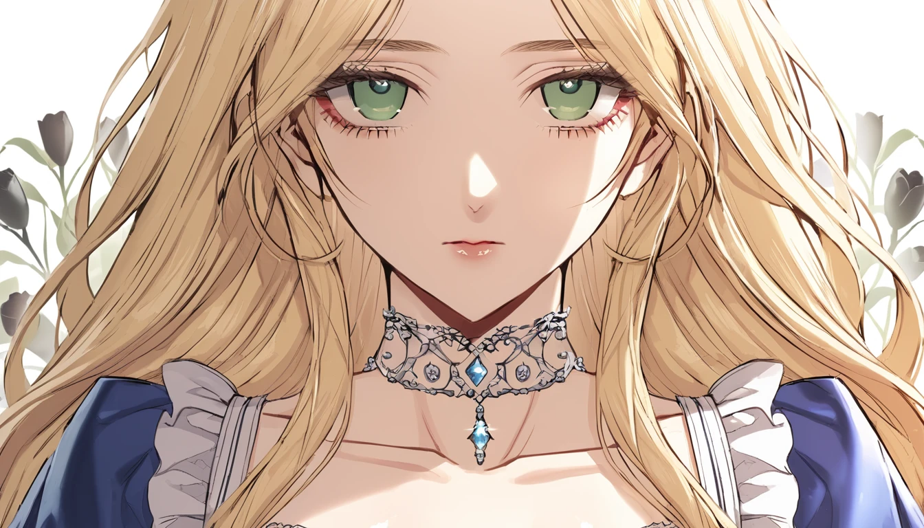 sexy-style, floral background, romance manhwa, (2girls, aligned), silver hair, blonde hair, solo, long hair, flower, dress, tiara, white dress, gloves, long sleeves, choker, green eyes, red eyes, mascara, makeup, white gloves, black bow, black flower, wavy hair, bow, jewelry, looking at viewer, white background, collarbone, puffy sleeves, silver accessories, upper body, parted bangs, very long hair, blue dress, frills, bangs, closed mouth, detailed eyes, gleaming skin, shiny glossy skin