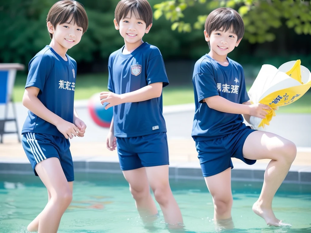 夏休みのprimary school校、Pool、primary school５Grade、Japan Boy、The water feels good、hot day、Two Boys、Youth Power、Short sleeve gym uniform、Blue shorts、physical education、barefoot，（Boy 1.4）、Boys only 、(１０Age 1.４)