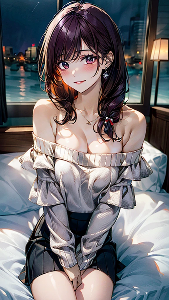 (masterpiece:1.3, Highest quality, Ultra-high resolution:1.2, Super detailed、8K), (Realistic, photoRealistic:1.4), Beautiful illustrations, Perfect lighting, colorful, Depth of written boundary, Beautiful detailed hair, Beautifully detailed face, Beautiful fine details, Droopy eyes、Beautiful clavicle, Beautiful body, 美しいLarge Breasts, Beautiful thighs, Beautiful feet, Beautiful fingers, View Viewer、Front view:0.6, Beauty1人, Japanese, Beauty、30 years old, Perfect Face, (Perfect Anatomy, Anatomically correct), Cute and symmetrical face, Baby Face, , Shiny skin,(Off-the-shoulder knit sweater:1.4), (Long skirt:1.4) 、(deep purple hair, Ribbon hair ornament、Medium Straight Hair:1.4), braided bangs、Dark brown eyes, (Large Breasts, Slim body), necklace, Small earrings:1.1, (Beautiful views), (night),( A luxury hotel room),Sitting on the bed, A soft smile、(Smile, Lips parted),