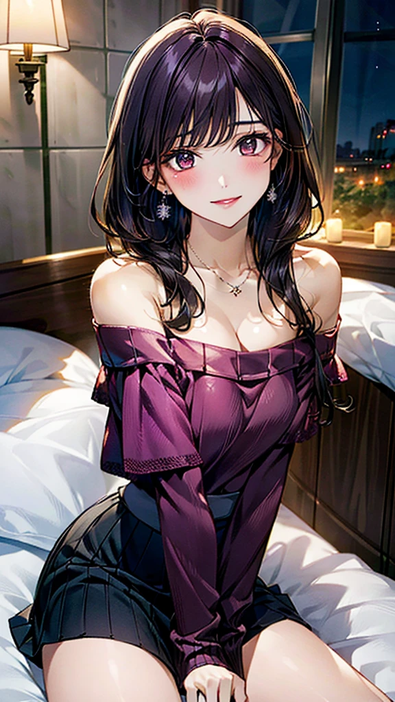 (masterpiece:1.3, Highest quality, Ultra-high resolution：1.2, Super detailed、8K), (Realistic, photoRealistic:1.4), Beautiful illustrations, Perfect lighting, colorful, Depth of written boundary, Beautiful detailed hair, Beautifully detailed face, Beautiful fine details, Droopy eyes、Beautiful clavicle, Beautiful body, 美しいLarge Breasts, Beautiful thighs, Beautiful feet, Beautiful fingers, View Viewer、Front view:0.6, Beauty1人, Japanese, Beauty、30 years old, Perfect Face, (Perfect Anatomy, Anatomically correct), Cute and symmetrical face, Baby Face, , Shiny skin,(Off-the-shoulder knit sweater:1.4), (Long skirt:1.4) 、(deep purple hair, Ribbon hair ornament、Medium Straight Hair:1.4), braided bangs、Dark brown eyes, (Large Breasts, Slim body), necklace, Small earrings:1.1, (Beautiful views), (night),( A luxury hotel room),Sitting on the bed, A soft smile、(Smile, Lips parted),